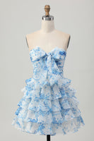 Load image into Gallery viewer, Floral White and Blue Strapless Ruffled Short Homecoming Dress with Bow