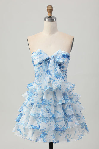 Floral White and Blue Strapless Ruffled Short Homecoming Dress with Bow