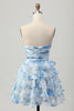 Load image into Gallery viewer, Floral White and Blue Strapless Ruffled Short Homecoming Dress with Bow