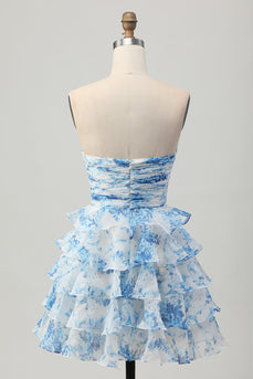 Floral White and Blue Strapless Ruffled Short Homecoming Dress with Bow
