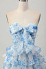 Load image into Gallery viewer, Floral White and Blue Strapless Ruffled Short Homecoming Dress with Bow