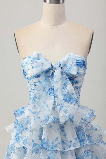 Floral White and Blue Strapless Ruffled Short Homecoming Dress with Bow