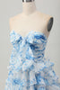 Load image into Gallery viewer, Floral White and Blue Strapless Ruffled Short Homecoming Dress with Bow