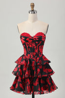 Load image into Gallery viewer, Sweetheart Black and Red Corset Floral Short Homecoming Dress with Ruffles