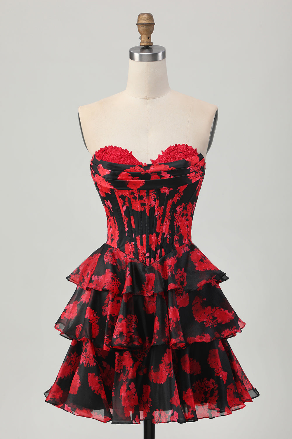 Sweetheart Black and Red Corset Floral Short Homecoming Dress with Ruffles