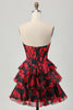 Load image into Gallery viewer, Sweetheart Black and Red Corset Floral Short Homecoming Dress with Ruffles