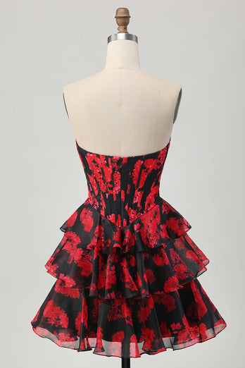 Sweetheart Black and Red Corset Floral Short Homecoming Dress with Ruffles