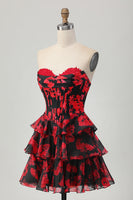 Load image into Gallery viewer, Sweetheart Black and Red Corset Floral Short Homecoming Dress with Ruffles