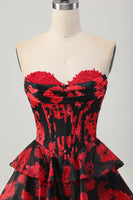 Load image into Gallery viewer, Sweetheart Black and Red Corset Floral Short Homecoming Dress with Ruffles