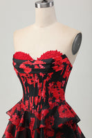 Load image into Gallery viewer, Sweetheart Black and Red Corset Floral Short Homecoming Dress with Ruffles