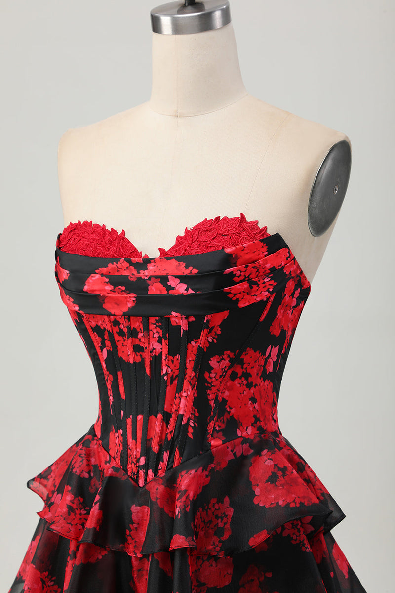 Load image into Gallery viewer, Sweetheart Black and Red Corset Floral Short Homecoming Dress with Ruffles