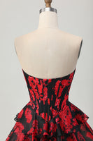 Load image into Gallery viewer, Sweetheart Black and Red Corset Floral Short Homecoming Dress with Ruffles