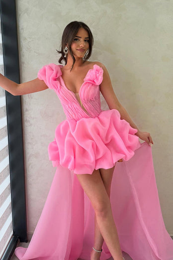 Hot Pink A Line One Shoulder High Low Homecoming Dress with Ruffles