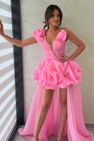 Load image into Gallery viewer, Hot Pink A Line One Shoulder High Low Homecoming Dress with Ruffles