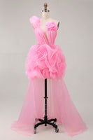 Load image into Gallery viewer, Floral Hot Pink Tulle One Shoulder Ruffled High-Low Homecoming Dress