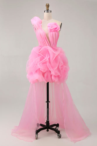 Floral Hot Pink Tulle One Shoulder Ruffled High-Low Homecoming Dress