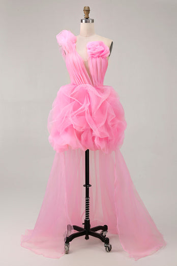 Floral Hot Pink Tulle One Shoulder Ruffled High-Low Homecoming Dress