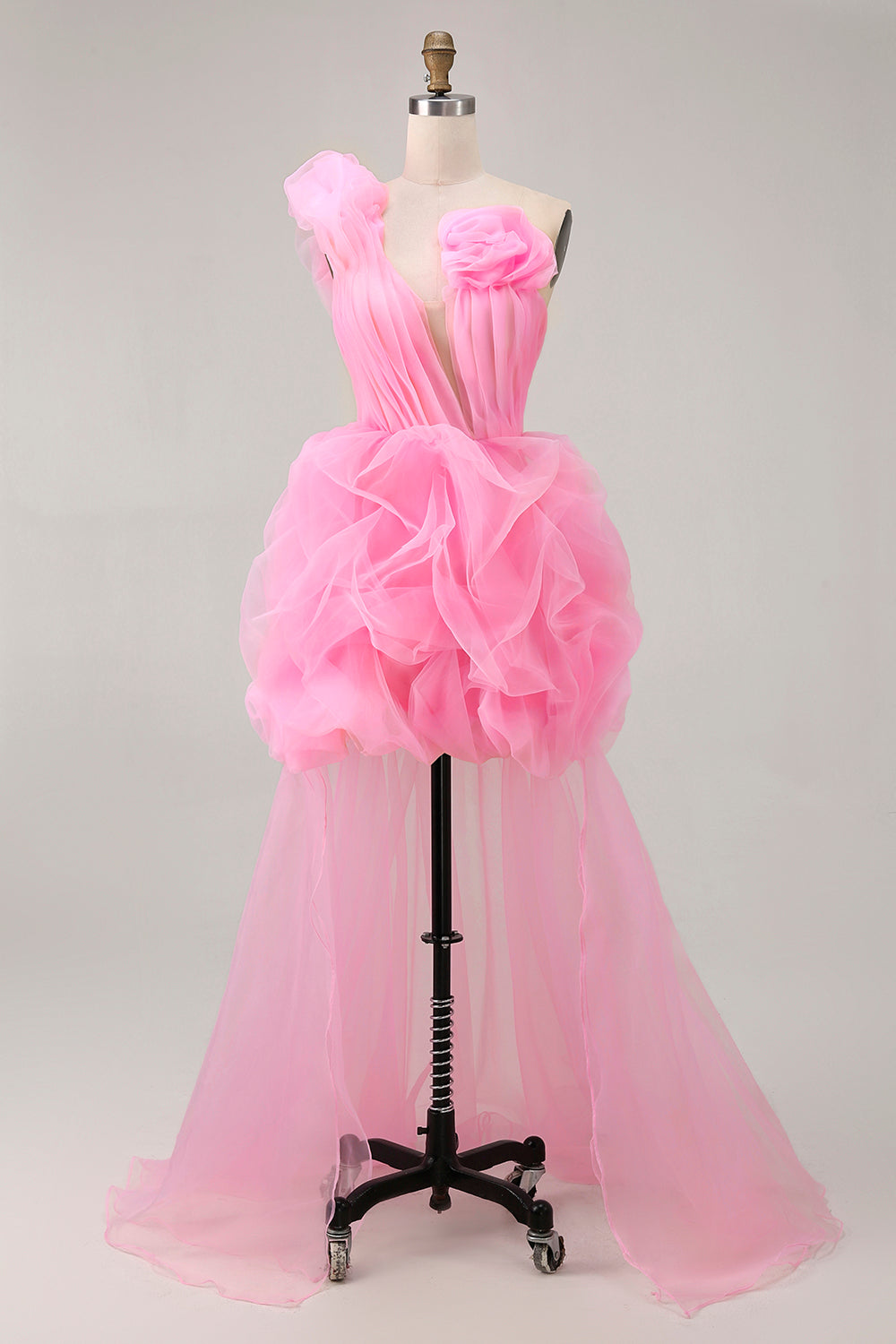 Floral Hot Pink Tulle One Shoulder Ruffled High-Low Homecoming Dress