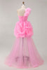 Load image into Gallery viewer, Floral Hot Pink Tulle One Shoulder Ruffled High-Low Homecoming Dress