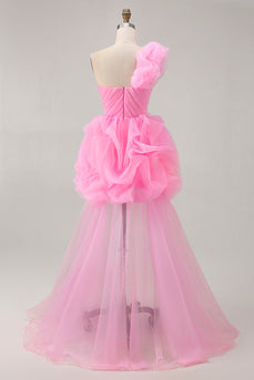 Floral Hot Pink Tulle One Shoulder Ruffled High-Low Homecoming Dress