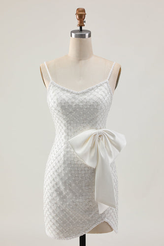 Sparkly White Pearls Tight Short Homecoming Dress with Bow