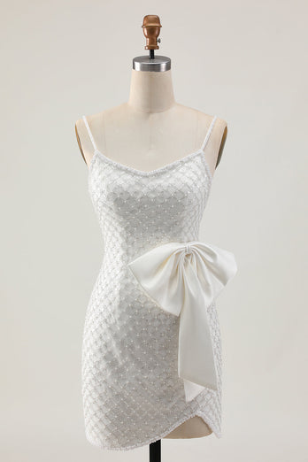 Sparkly White Pearls Tight Short Homecoming Dress with Bow