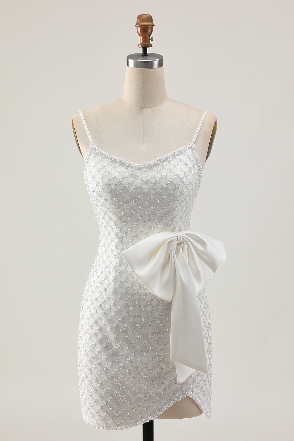 Sparkly White Pearls Tight Short Homecoming Dress with Bow