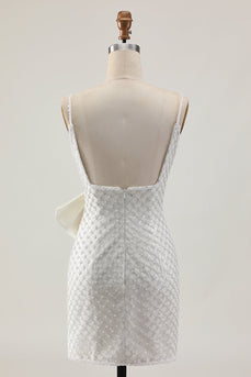 Sparkly White Pearls Tight Short Homecoming Dress with Bow