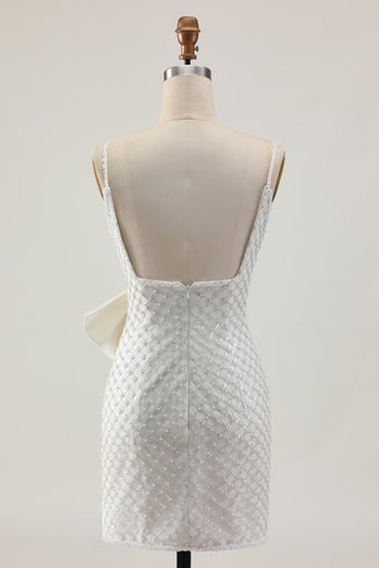 Sparkly White Pearls Tight Short Homecoming Dress with Bow