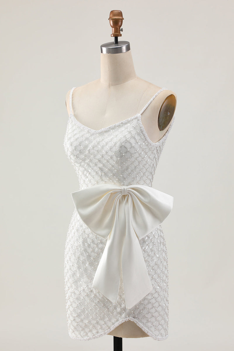 Load image into Gallery viewer, Sparkly White Pearls Tight Short Homecoming Dress with Bow