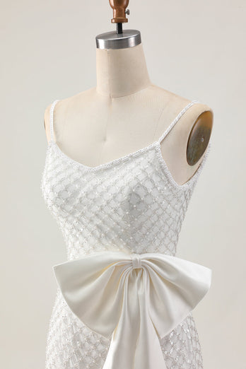 Sparkly White Pearls Tight Short Homecoming Dress with Bow