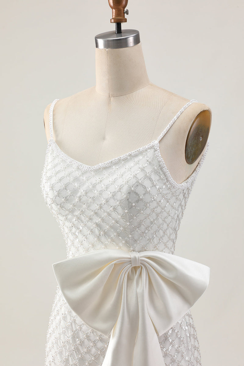Load image into Gallery viewer, Sparkly White Pearls Tight Short Homecoming Dress with Bow