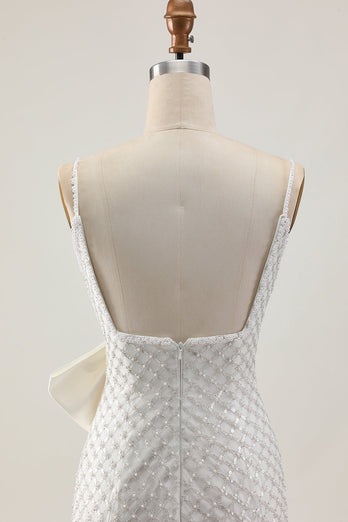 Sparkly White Pearls Tight Short Homecoming Dress with Bow