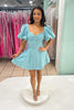 Load image into Gallery viewer, Blue Tweed A Line Puff Sleeves Short Homecoming Dress
