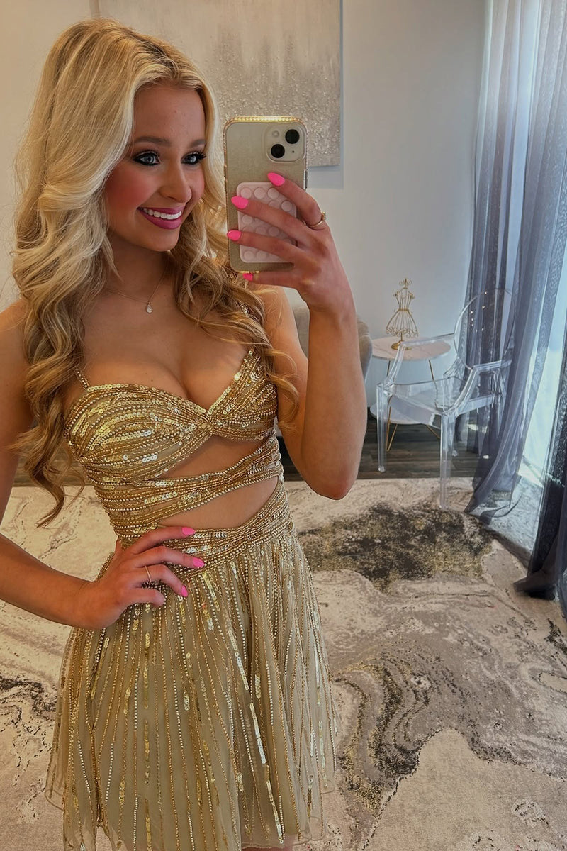 Load image into Gallery viewer, Sparkly Gold Cut Out A Line Sequins Short Homecoming Dress