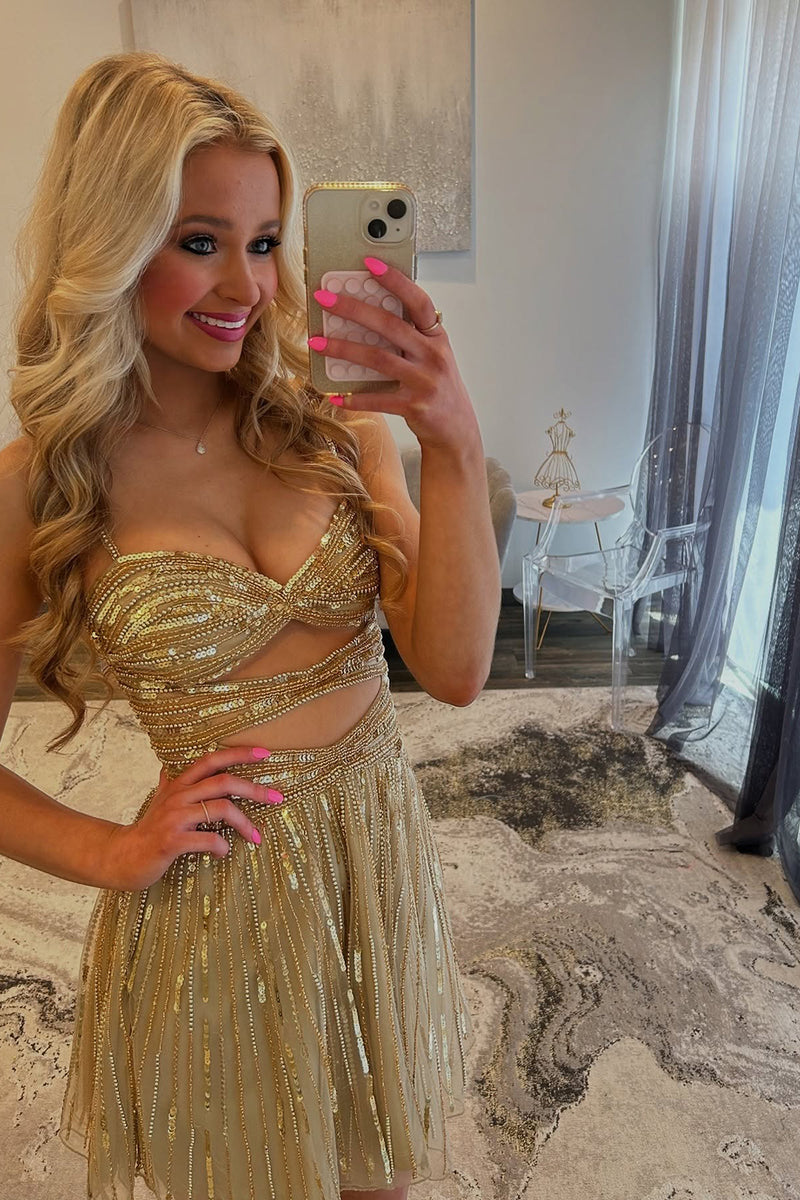 Load image into Gallery viewer, Sparkly Gold Cut Out A Line Sequins Short Homecoming Dress