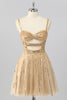 Load image into Gallery viewer, Sparkly Gold A Line Sequins Cut Out Short Homecoming Dress