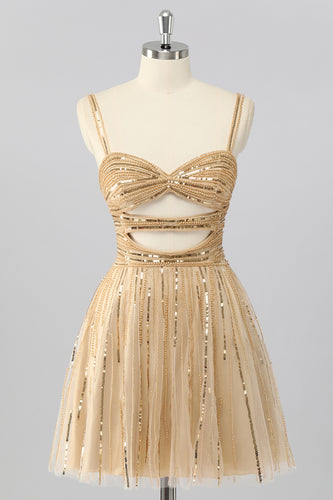 Sparkly Gold A Line Sequins Cut Out Short Homecoming Dress