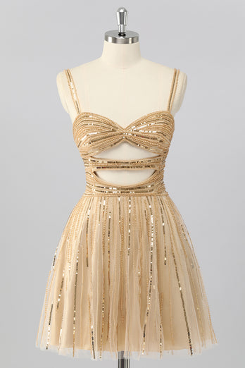 Sparkly Gold A Line Sequins Cut Out Short Homecoming Dress
