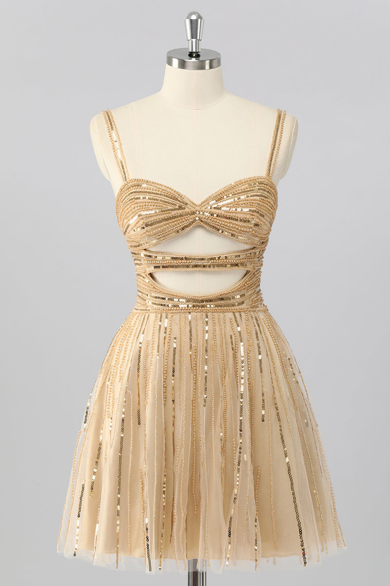 Load image into Gallery viewer, Sparkly Gold A Line Sequins Cut Out Short Homecoming Dress
