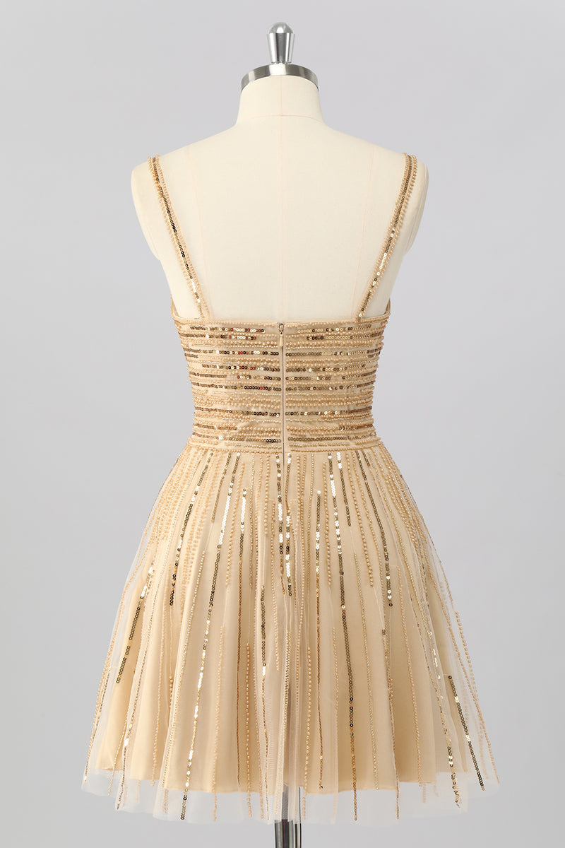Load image into Gallery viewer, Sparkly Gold A Line Sequins Cut Out Short Homecoming Dress