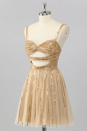 Sparkly Gold A Line Sequins Cut Out Short Homecoming Dress