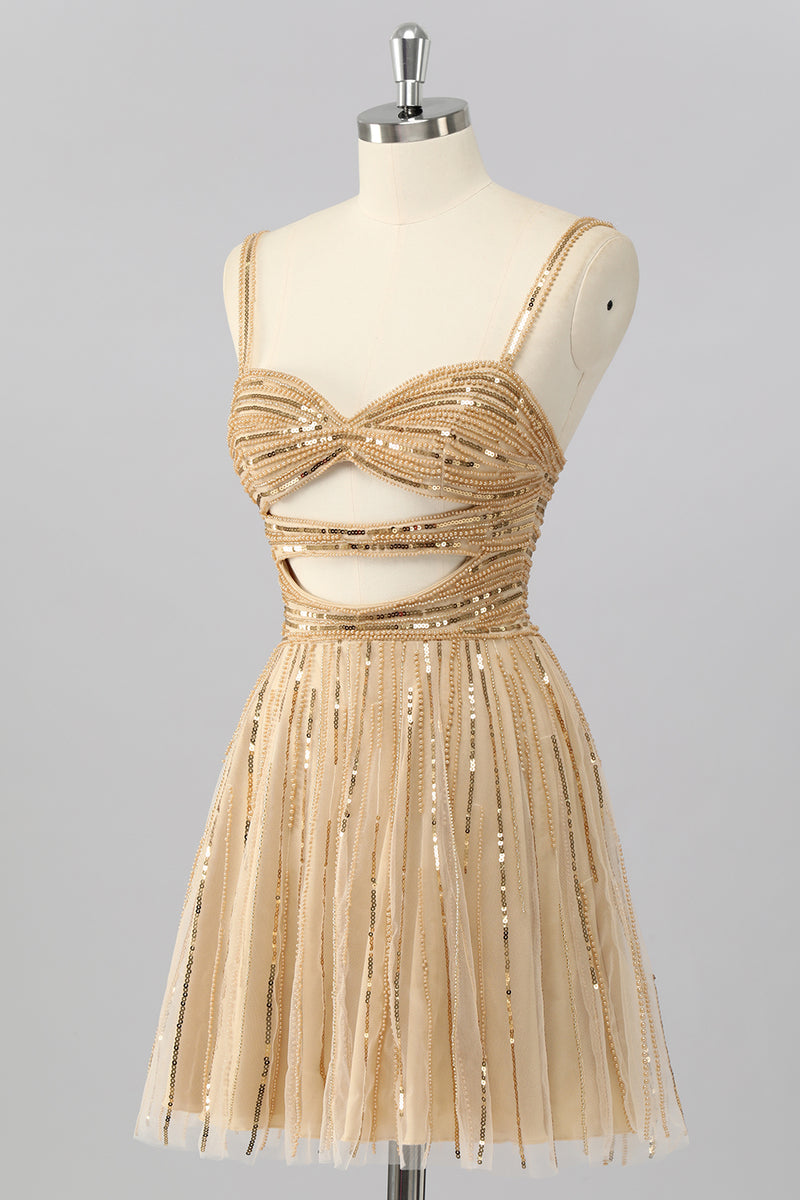 Load image into Gallery viewer, Sparkly Gold A Line Sequins Cut Out Short Homecoming Dress