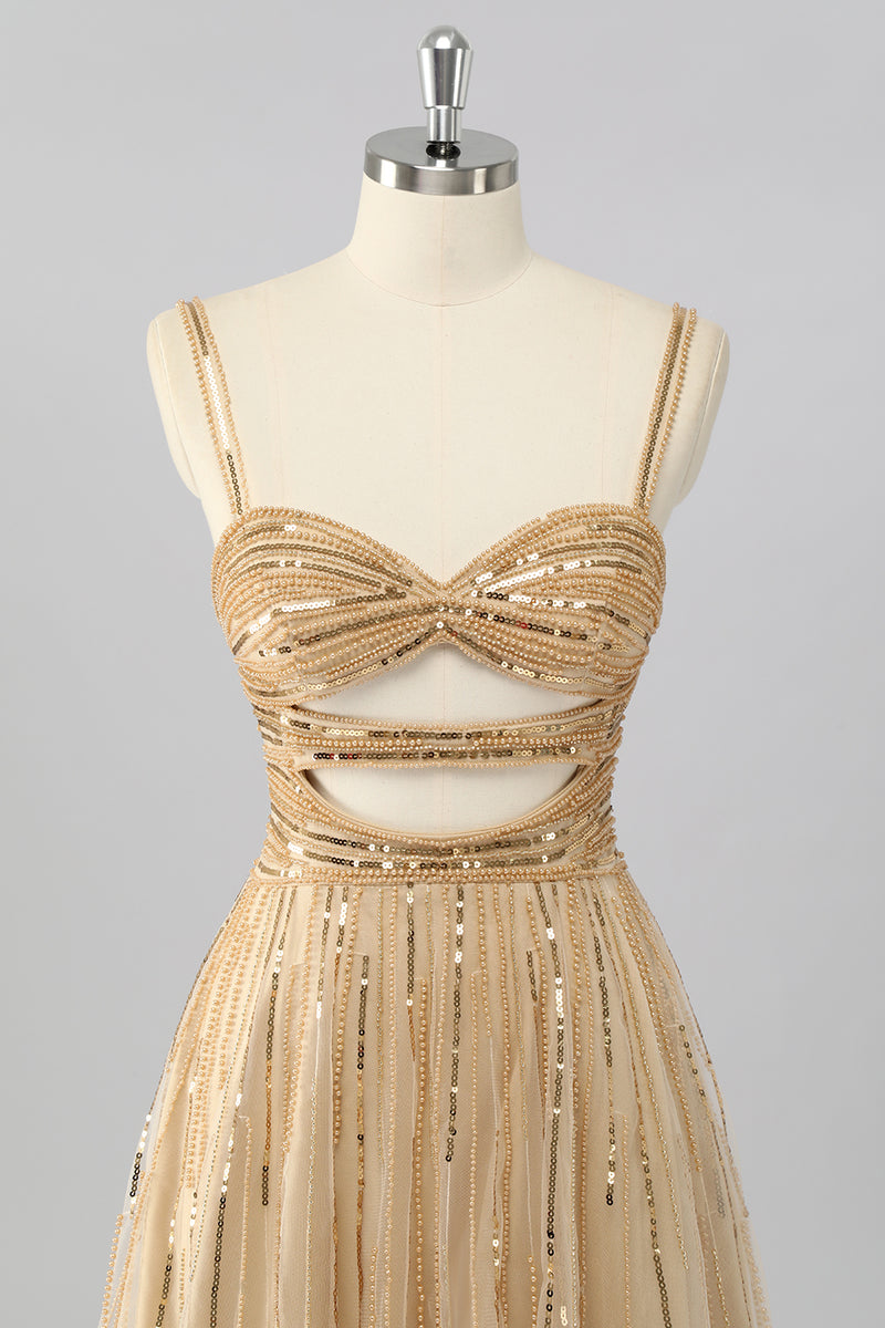 Load image into Gallery viewer, Sparkly Gold A Line Sequins Cut Out Short Homecoming Dress