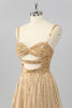 Load image into Gallery viewer, Sparkly Gold A Line Sequins Cut Out Short Homecoming Dress