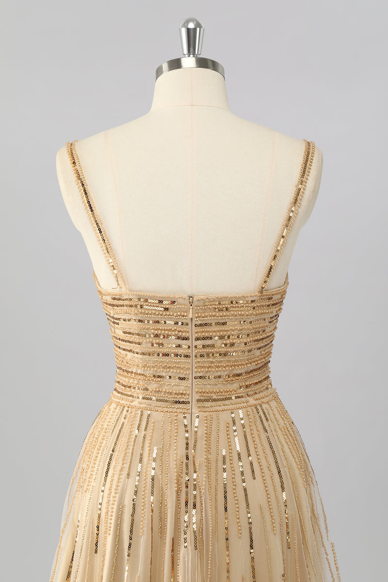 Load image into Gallery viewer, Sparkly Gold A Line Sequins Cut Out Short Homecoming Dress