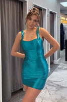 Load image into Gallery viewer, Turquoise Satin Tight Backless Short Homecoming Dress