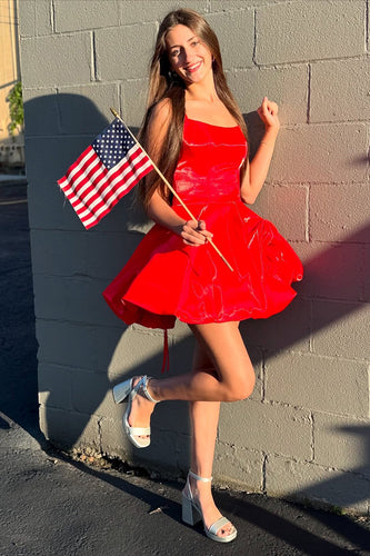 Red A Line Satin Short Homecoming Dress with Ruffles