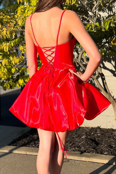 Red A Line Satin Short Homecoming Dress with Ruffles