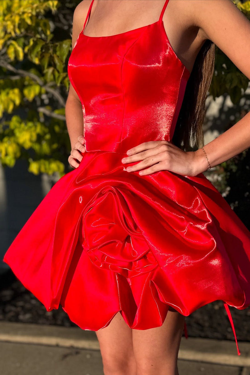 Load image into Gallery viewer, Red A Line Satin Short Homecoming Dress with Ruffles